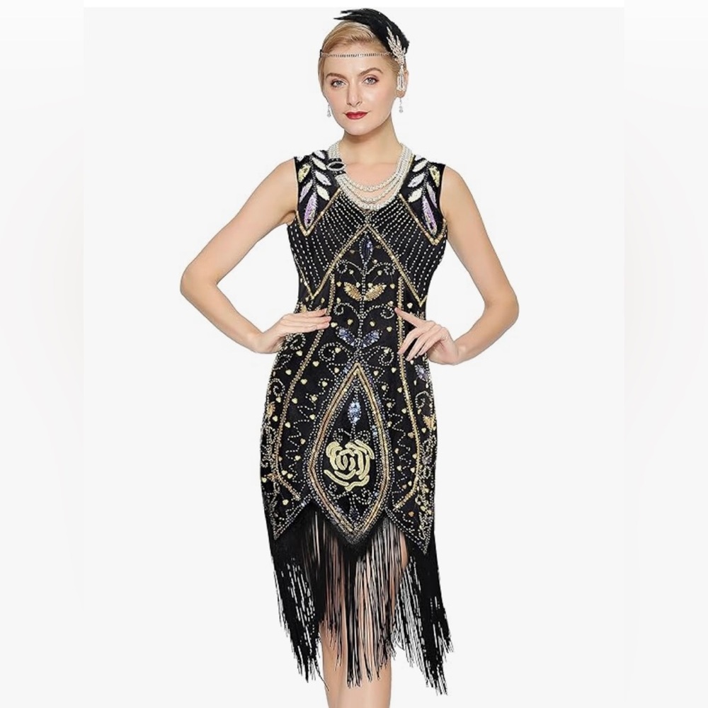 Metme Flapper Dress Black White Gold & Silver Size Large NWT!